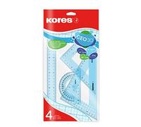 Kores - Geo30: Set di 4 Prodotti per la Matematica, per Bambini e Studenti, Set per la Geometria in Plastica con Righello, Goniometro e Squadre, Articoli per la Scuola, Set in Colori Assortiti