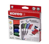 Kores - K-Marker XW1: Pennarello a Punta Rotonda per Lavagna Bianca, Inchiostro Pulibile a Secco e Inodore, Set di 4 Colori Assortiti + 1 Cancellino Magnetico