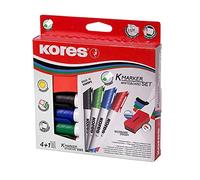 Kores - K-Marker XW2: Pennarello per Lavagna Bianca con Punta a Scalpello, inchiostro pulibile a secco e Inodore, Set di 4 Colori Assortiti + 1 Cancellino Magnetico