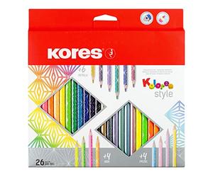 Kores - Kolores Style: 26 Matite Colorate per Bambini, Principianti e Adulti, Tonalità Metalliche e Fluo per Carta Kraft, Bianca e Scura, Articoli per la Scuola, Set da 26 Colori Assortiti