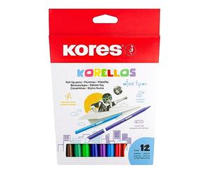 Kores - Korellos: 12 Pennarelli Colorati per Bambini e Adulti a Punta Fine, Lavabili e di Lunga Durata, Articoli per la Scuola, Set da 12 Colori Assortiti