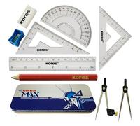 Kores MAX 9 pezzi Matematica Geometria Tin Set, Matematica Compasso Divisore goniometro Quadrati Temperamatite Gomma Righello Pack Studente Esami Strumento di latta