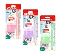 Kores - Set cancelleria Pastel - 2 matite HB con gomma, temperamatite doppio con contenitore e gomma KE30 - Colori pastello - Confezione da 1