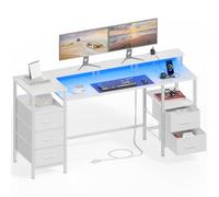 Korfile Scrivania da gioco per computer da 140 cm, con prese di corrente e luci LED, reversibile, per casa e ufficio, con cassetti regolabili in tessuto, per lavoro, scrittura, studio, colore bianco