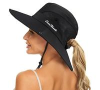 KorhLeoh Cappello da pesca da spiaggia pieghevole con protezione UV da donna in rete a tesa larga con foro per coda di cavallo, Nero , M
