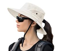 KorhLeoh Cappello da pesca da spiaggia pieghevole con protezione UV da donna in rete a tesa larga con foro per coda di cavallo, Beige, M