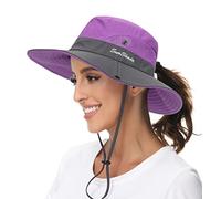 KorhLeoh Cappello da pesca da spiaggia pieghevole con protezione UV da donna in rete a tesa larga con foro per coda di cavallo, Viola, M