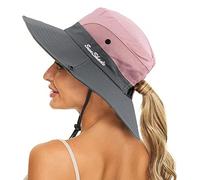 KorhLeoh Cappello da sole da donna con protezione UV pieghevole a rete larga tesa da spiaggia con foro per coda di cavallo