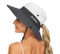 KorhLeoh Cappello da sole da donna con protezione UV pieghevole a rete larga tesa da spiaggia con foro per coda di cavallo