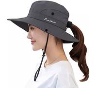 KorhLeoh Cappello da sole da donna con protezione UV pieghevole a rete larga tesa da spiaggia con foro per coda di cavallo