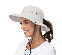 KorhLeoh Cappello da sole da donna protezione UV Mesh tesa larga spiaggia pesca cappello con foro coda di cavallo, Beige-A., Taglia unica