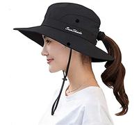 KorhLeoh Cappello da sole da donna protezione UV Mesh tesa larga spiaggia pesca cappello con foro coda di cavallo, Nero-A, Taglia unica
