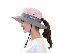 KorhLeoh Cappello da sole da donna protezione UV Mesh tesa larga spiaggia pesca cappello con foro coda di cavallo, Rosa-A, Taglia unica