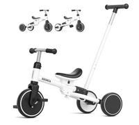 KORIMEFA Triciclo Bambini 1 anno con barra di spinta, triciclo per bambini 5 in 1 da 1 a 3 anni, sedile regolabile, pedali rimovibili, Bicicletta per Bimba e Bimbo (bianco)