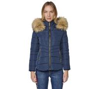 Koroshi NAVY - Giacca imbottita con cappuccio e colletto in pelliccia sintetica con chiusura frontale e cerniera, da donna, blu, XS