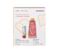 KORRES EVERYDAY ESSENTIALS - Set per la cura delle mani e delle labbra, Peony Rose, crema per le mani e le labbra mediterranea, set regalo per donne, senza silicone e parabeni, 50 ml + 4,5 g