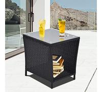 Koruiten Tavolino da tè quadrato in rattan sintetico intrecciato, tavolino da caffè con piano in vetro temperato, per interni ed esterni, portico, prato, piscina, giardino, cortile, balcone (nero)