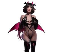 KORURACLUB Costume da succube (set da 6 pezzi) Lingerie cosplay in PU premium nera per donna Lingerie da diavolo alato rosso (L)