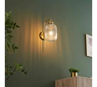 KOSILUM - Applique dorata vintage in vetro scanalato, Canelia, luce bianca calda, illuminazione soggiorno, camera da letto, cucina, corridoio, 1 max 40 W, E27, IP20