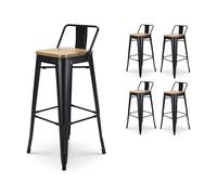 Kosmi - Lot de 4 chaises de Bar, Grands tabourets Style industriel avec Petit dossier en Métal Noir Mat et assise en Bois Naturel Clair, assise Hauteur 76cm