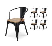Kosmi - Lot de 4 chaises en métal noir mat Style Industriel Factory avec assise en bois naturel clair, Fauteuils industriels avec accoudoirs