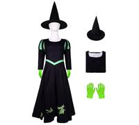 Kosplay Bambina Elphaba Cosplay Costume con Cappelli e Guanti Wicked Strega Elphaba Costume Nero Gotico Abito da Strega Halloween Carnevale Compleanno Natale Festa Cosplay Ragazze 110-150