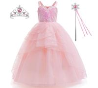 Kosplay Bambina Glinda Cosplay Costume con Accessori Abito da Principessa Wicked Strega Glinda Costume Abito da Sera Rosa Halloween Carnevale Compleanno Natale Festa Cosplay Ragazze 110-160