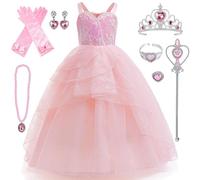 Kosplay Bambina Glinda Cosplay Costume con Accessori Abito da Principessa Wicked Strega Glinda Costume Abito da Sera Rosa Halloween Carnevale Compleanno Natale Festa Cosplay Ragazze 110-160
