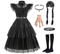 Kosplay Bambina mercoledì Costume con Parrucca Abito da mercoledì Addams Vestito da Ballo Gotico Nero Halloween Carnevale Compleanno Natale Festa Cosplay Ragazza 110-160