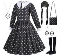 Kosplay Bambina mercoledì Costume con Parrucca e Accessori Abito da mercoledì Addams Vestito da Gotico Nero Halloween Carnevale Compleanno Natale Festa Cosplay Ragazza 110-160