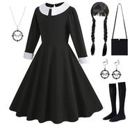 Kosplay Bambina mercoledì Costume con Parrucca e Accessori Abito da mercoledì Addams Vestito da Gotico Nero Halloween Carnevale Compleanno Natale Festa Cosplay Ragazza 110-160