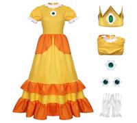 Kosplay Bambina Vestito da Principessa Daisy con Accessori Abito da Daisy Giallo Costume da Principessa Peach Halloween Carnevale Compleanno Natale Festa Fantasia Cosplay Ragazze 110-150