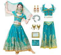 Kosplay Bambina Vestito da Principessa Jasmine con Accessori Abito da Principessa Aladdin Costume da Jasmine Danza del Ventre Halloween Carnevale Natale Festa Cosplay Ragazze Verde/Rosso S-XL