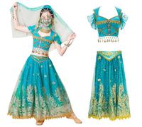 Kosplay Bambina Vestito da Principessa Jasmine con Accessori Abito da Principessa Aladdin Costume da Jasmine Danza del Ventre Halloween Carnevale Natale Festa Cosplay Ragazze Verde/Rosso S-XL