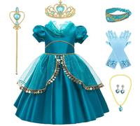 Kosplay Bambina Vestito da Principessa Jasmine con Parrucca e Accessori Abito da Principessa Aladdin Costume da Jasmine Halloween Carnevale Compleanno Natale Festa Cosplay Ragazze 100-150