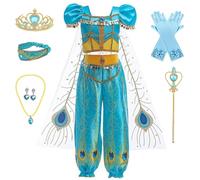 Kosplay Bambina Vestito da Principessa Jasmine con Parrucca e Accessori Abito da Principessa Aladdin Costume da Jasmine Halloween Carnevale Compleanno Natale Festa Cosplay Ragazze 100-150