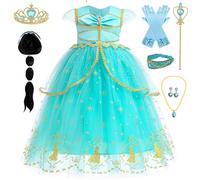 Kosplay Bambina Vestito da Principessa Jasmine con Parrucca e Accessori Abito da Principessa Aladdin Costume da Jasmine Halloween Carnevale Compleanno Natale Festa Cosplay Ragazze 100-140