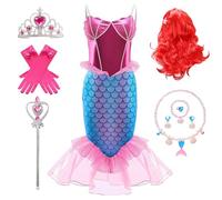 Kosplay Bambina Vestito da Principessa Sirena con Parrucca e Accessori Abito da Principessa Ariel Costume da Sirena Halloween Carnevale Compleanno Natale Festa Cosplay Ragazze 100-140