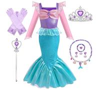 Kosplay Bambina Vestito da Principessa Sirena con Parrucca e Accessori Abito da Principessa Ariel Costume da Sirena Halloween Carnevale Compleanno Natale Festa Cosplay Ragazze 100-150