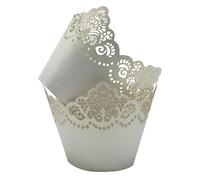 KOSTOO 50 pirottini per cupcake scavati con corona, in pizzo, tagliati al laser, per cupcake, muffin, per matrimoni, feste, compleanni, decorazioni (bianco ghiaccio)