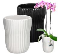 KOTARBAU® 2 vasi da fiori bianchi e neri interni rotondi, diametro 11,5 cm, altezza: 16,5 cm, in ceramica smaltata scanalata, vaso per fiori in ceramica