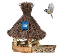 KOTARBAU® Mangiatoia per uccelli in legno con recinto di betulla da appendere + fodera da 0,5 kg inclusa