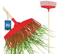KOTARBAU® Rastrello Per Foglie - Plastica - 48 cm - Rastrello Giardino - Extra-Click - con Manico in Legno - 150 cm - Rastrelli Per Erba - Rosso e Legno Verniciato