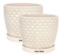 KOTARBAU® - Set da 2 vasi da fiori in ceramica per piante, diametro 15 cm, vintage, con vaschetta antigoccia, motivo squame di pesce, colore crema