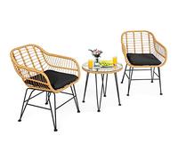 KOTEK Set di 3 pezzi da bistrot da patio, set di conversazioni in rattan con piano in vetro, tavolino da caffè e cuscini per seduta, set di mobili da bistrot in vimini per interni ed esterni, per