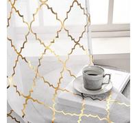 Kotile Gold White Sheer Curtains 96 Inch Length 2 Panels Metallic Moroccan Pattern Sparkle Sheer Curtains for Living Room, Rod Pocket Light Filtering Elegant Window Treatment, W52 x L96 Inch