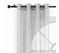 Kotile Set di 2 tende velate color grigio argento, con occhielli nella parte superiore, in lamina argentata metallizzata, motivo rami, filtro luce e privacy, tende in voile, lunghezza 240 cm, per