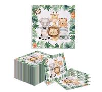 Kotkiddy® 20 tovaglioli di compleanno per bambini, tovaglioli giungla, motivo animali, foglie, verde, per animali della foresta, compleanno e tovaglioli, 33 x 33 cm