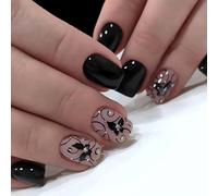 Kotkiddy 24Pcs Square Press on Nails Unghie corte finte di colore nero Unghie finte con farfalla unghie acriliche più corte per donne e ragazze