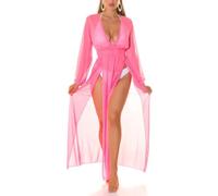 Koucla Cover-Up - Abito da spiaggia a maniche lunghe, trasparente, con scollo a V e spacco sulle gambe, rosa neon, Taglia unica